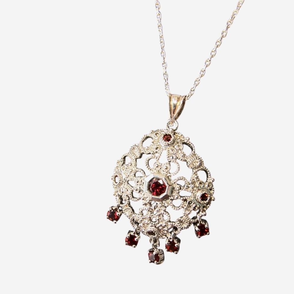 Garnet & Sterling Silver Filigree Pendant Necklace
